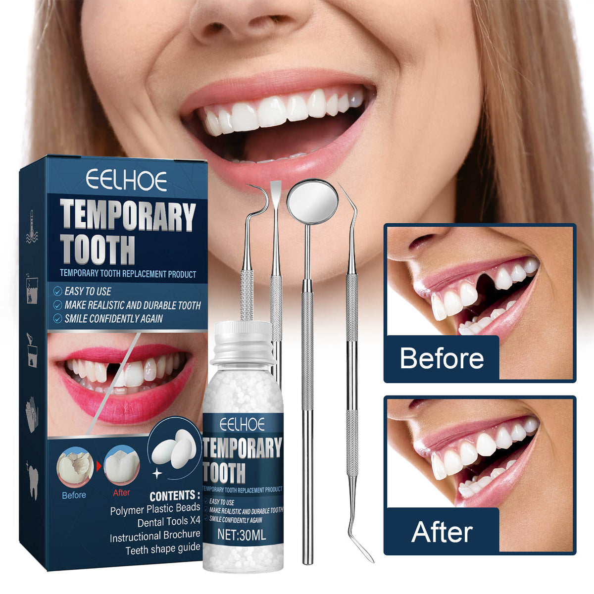 EELHOE Denture Decorative Teether Set, Halloween Vampire Makeup Dress Up Fake Tooth Glue Teeth Props
