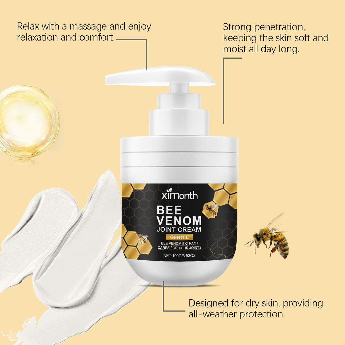 Ximonth Bee Venom Soothing Massage Cream, Moisturizes And Soothes Joint Discomfort With Daily Massage For Topical Treatment