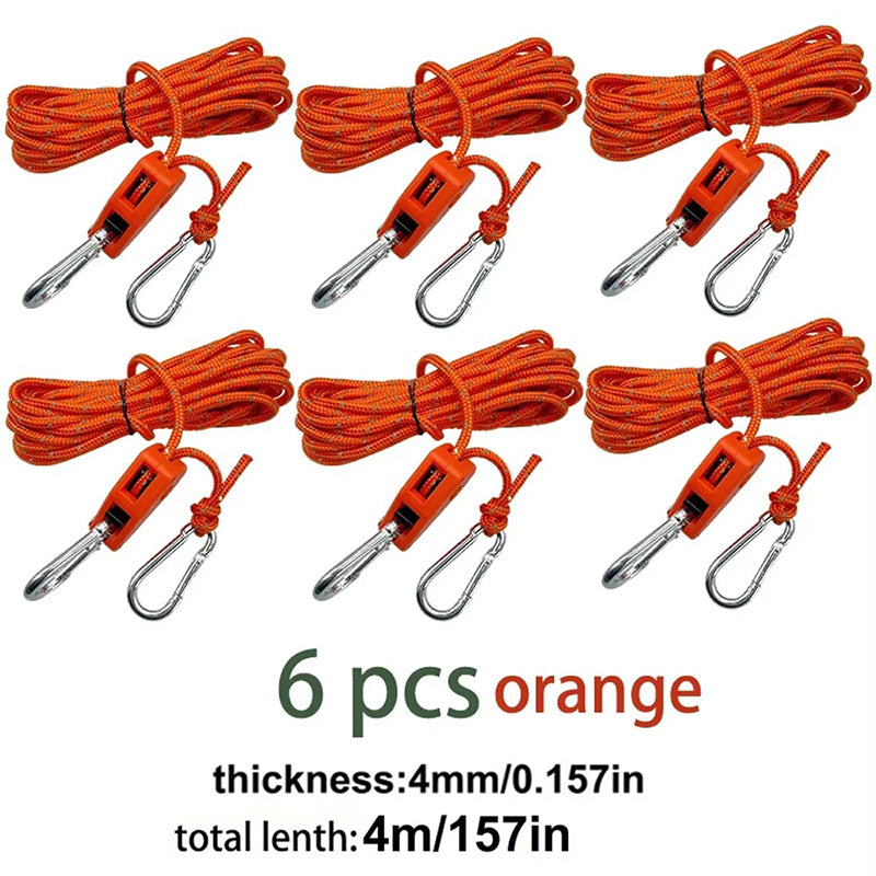 4M 6Pcs Reflective Tent Rope Set – Camping Guy Lines with Tension Buckles, Ratchet Hangers & Awning Tie-Downs, Outdoor