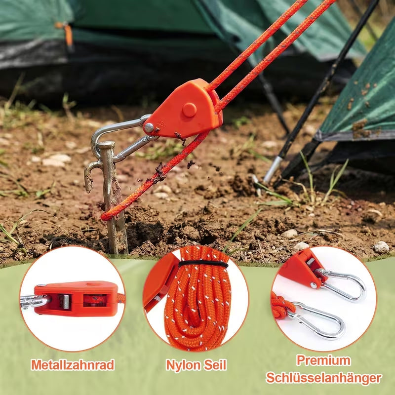4M 6Pcs Reflective Tent Rope Set – Camping Guy Lines with Tension Buckles, Ratchet Hangers & Awning Tie-Downs, Outdoor