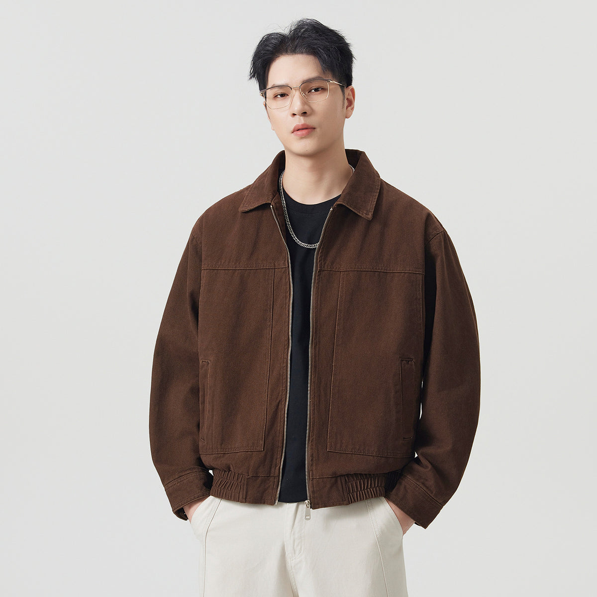 Vintage Casual Workwear Coffee Brown Turn-Down Collar Loose Cotton Jacket for Men