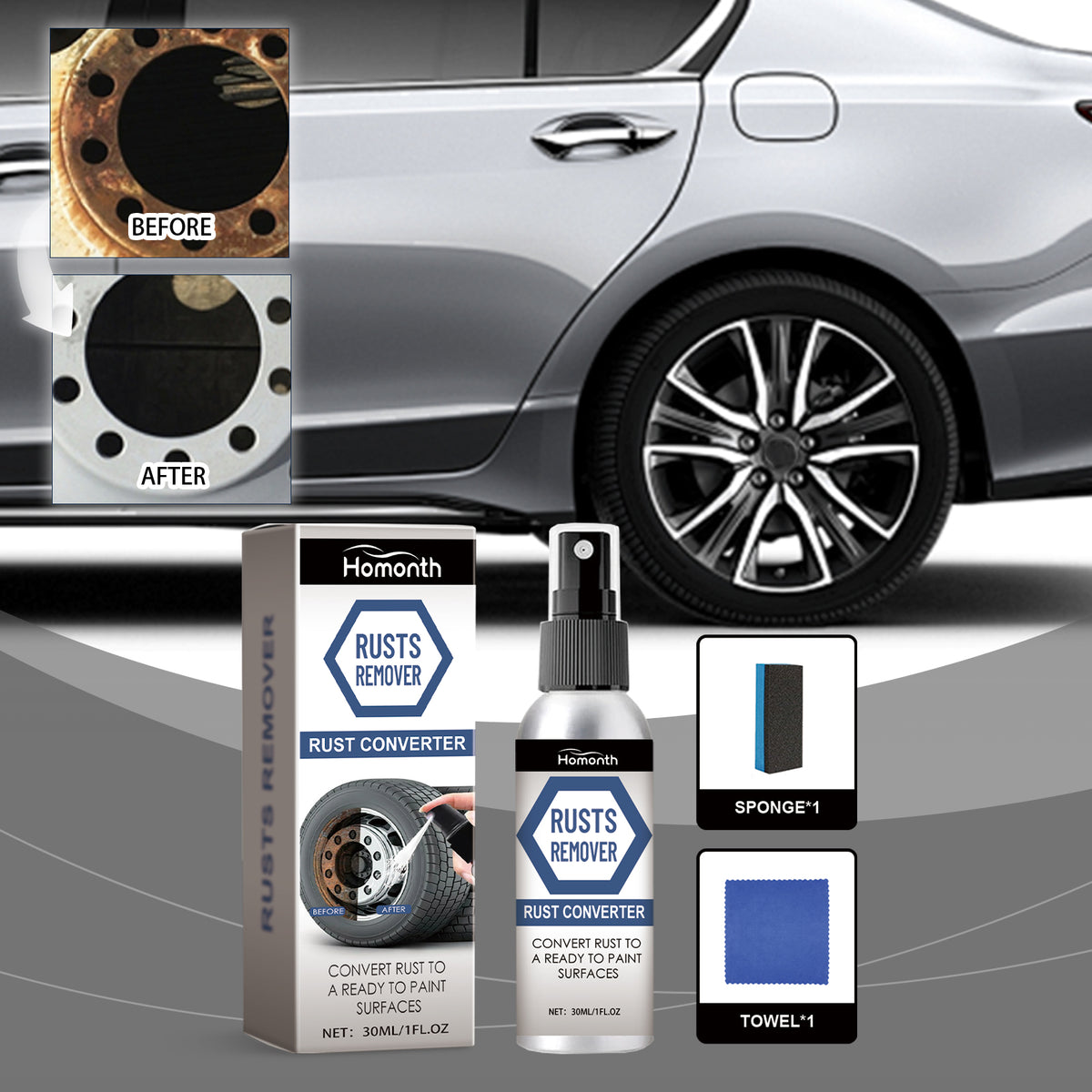 Homonth Automobile Tire Rust Spray, Dust Cleaning Steel Ring Rust Polishing Clean Wheel Rust Remover