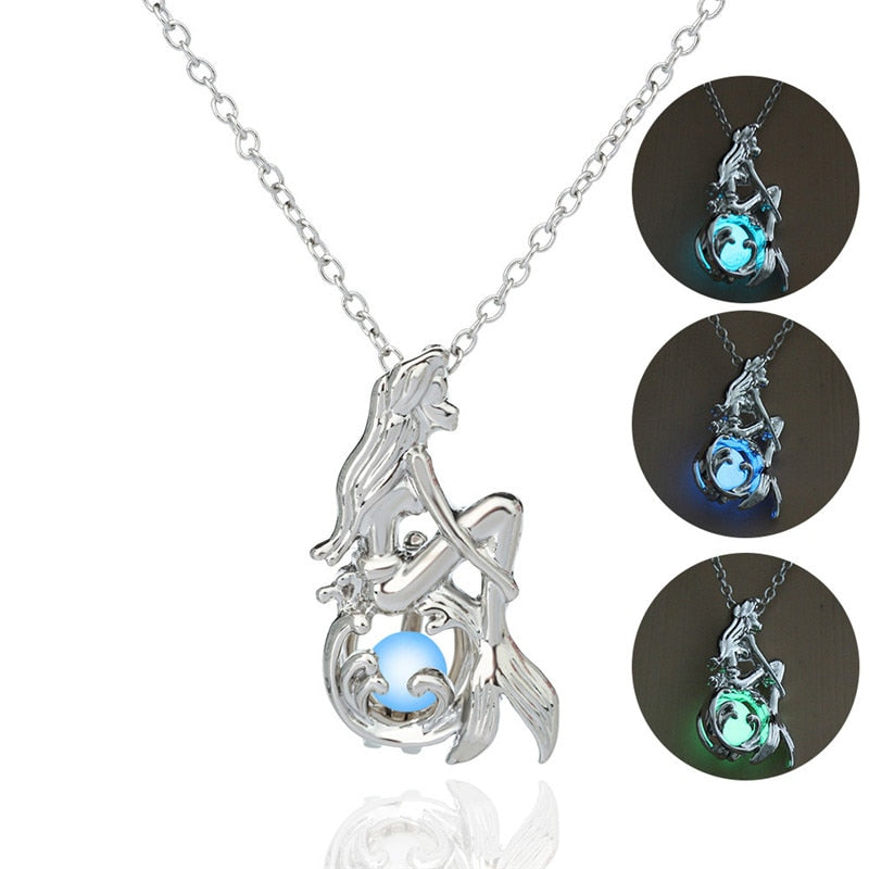 Luminous Glow In The Dark lotus Fluorescent Mermaid Pendant Necklace For Women Jewelry Silver Chain Bohemia Necklace