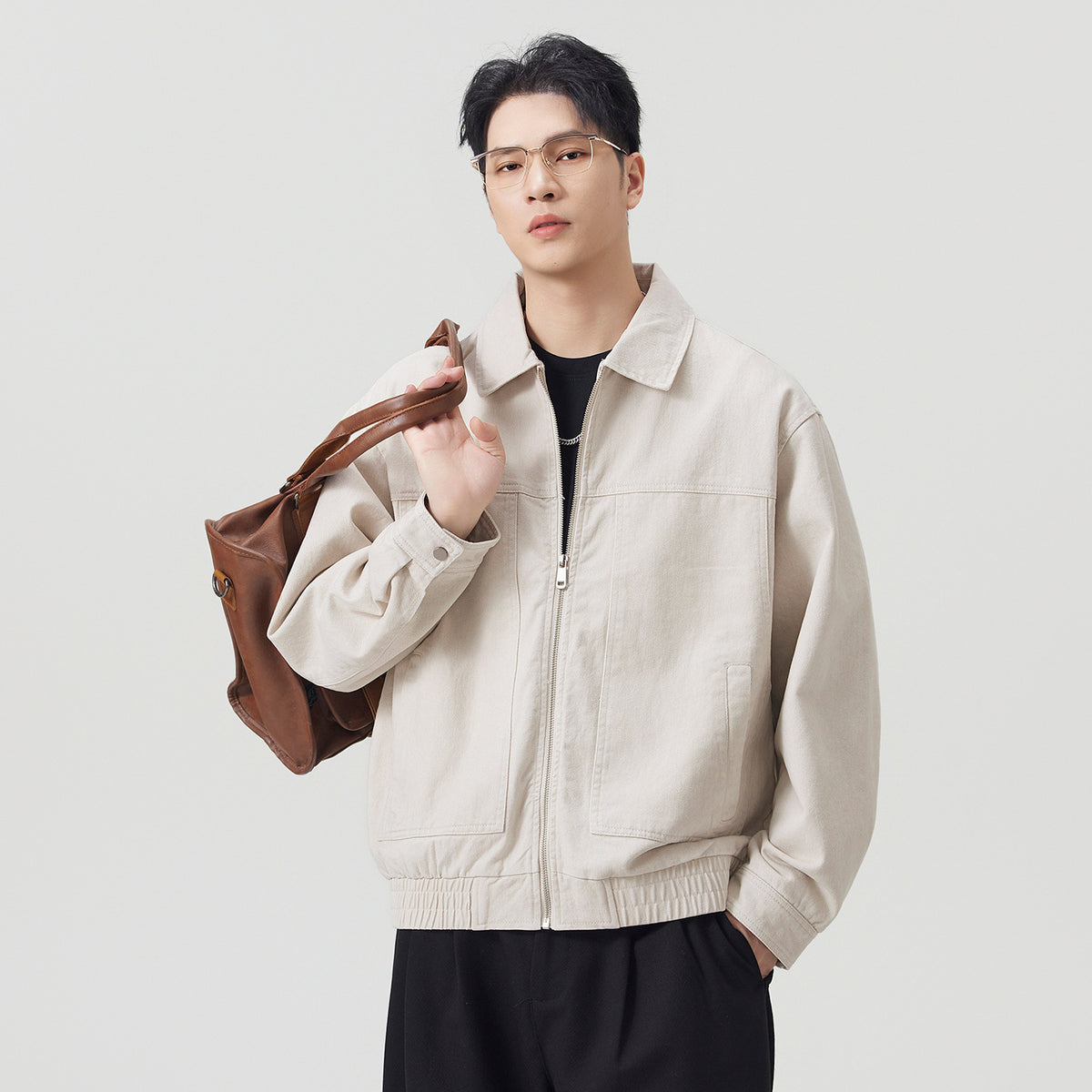 Vintage Casual Workwear Coffee Brown Turn-Down Collar Loose Cotton Jacket for Men