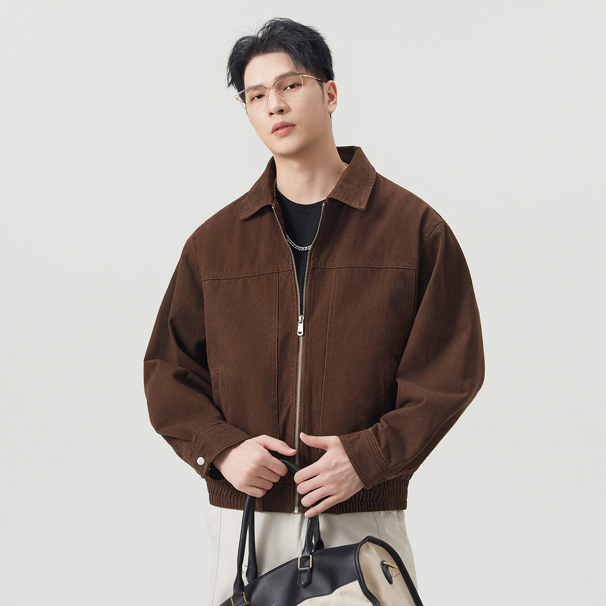 Vintage Casual Workwear Coffee Brown Turn-Down Collar Loose Cotton Jacket for Men